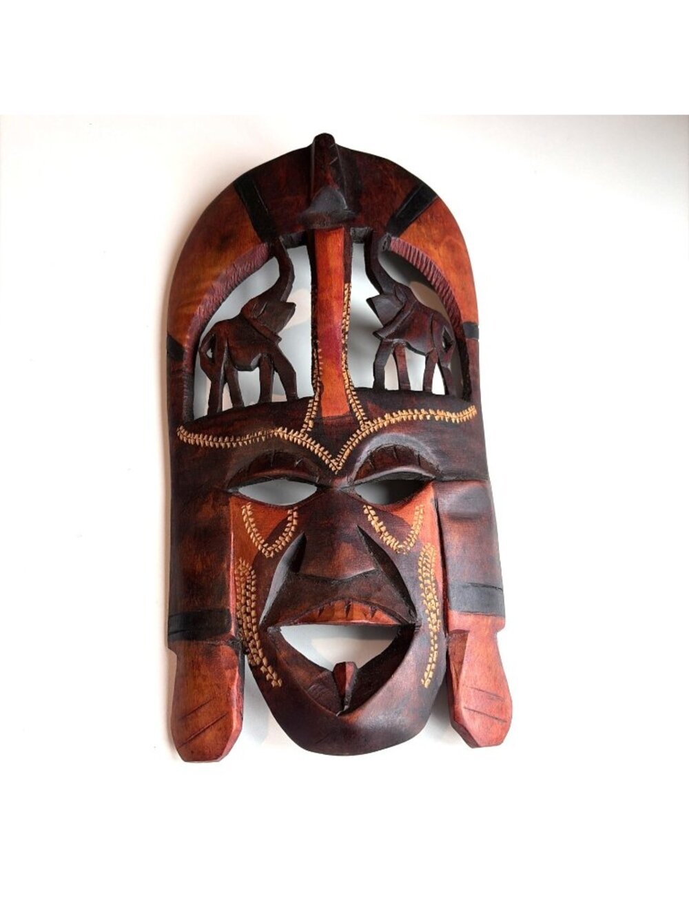 Vintage African Muhuhu Wood Mask Wall Art Kenya Hand Carved Elephants Tribal